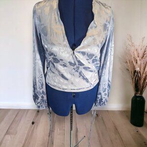 Urban Outfitters Faux Silk Blue Floral Wrap Blouse With Balloon Sleeves Size M